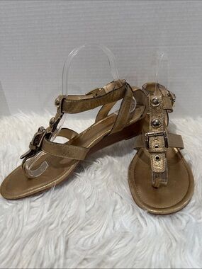 Coach Metallic Gold T-Strap Wedge Sandals with Buckle & Studs